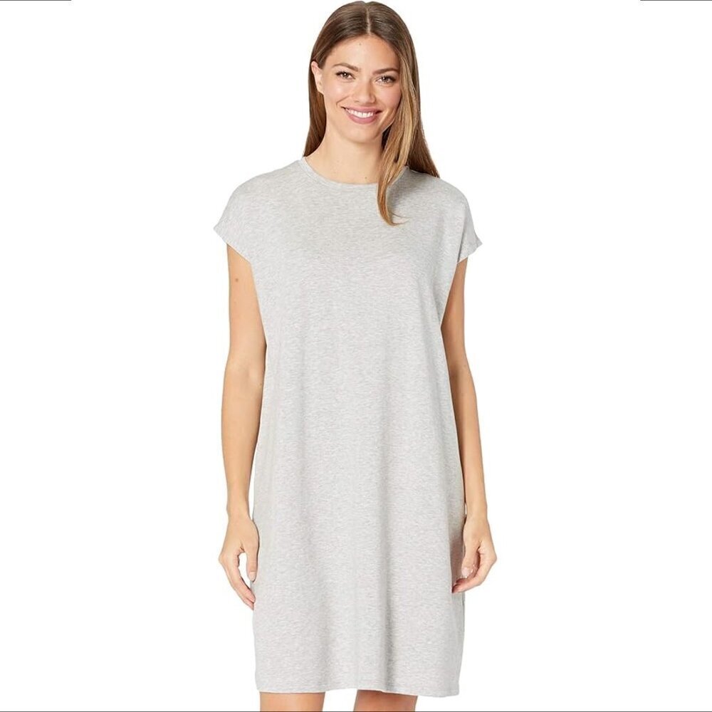 Eileen Fisher crew neck boxy dress heathered gray knit cap sleeve new Small